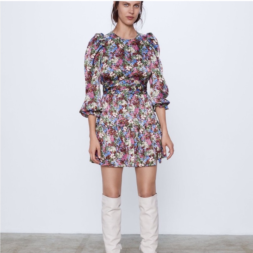 Zara Floral Puff-Sleeve Mini Dress in Purple, Pink, Green